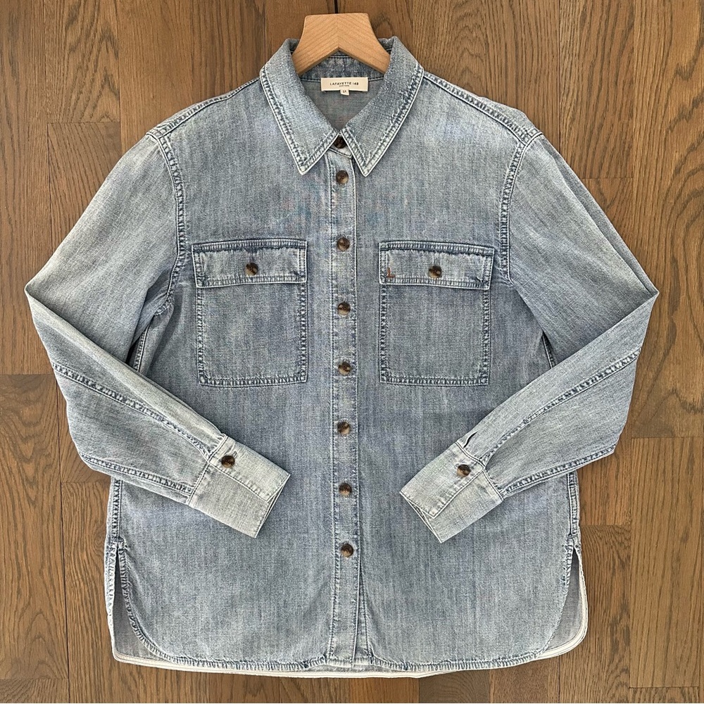 Lafayette 148 Ezra Denim Chambray Button-Down Long Sleeve Shirt Jacket Blue S